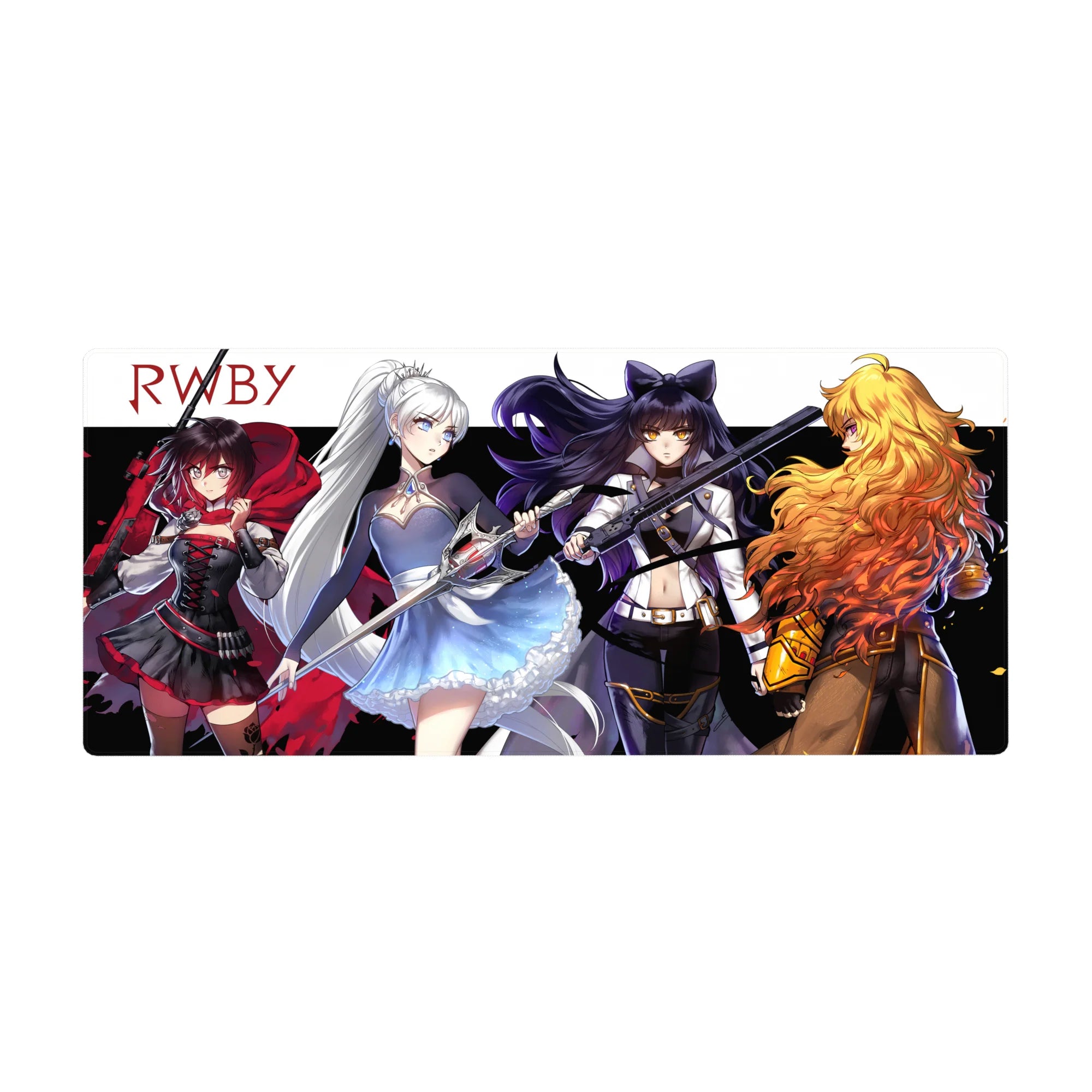 RWBY Team lineup anime girl desk pad with weapons on white backdrop and bold black stripe, 36x16 inches.