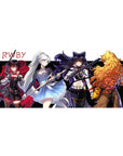 RWBY Team lineup anime girl desk pad with weapons on white backdrop and bold black stripe, 36x16 inches.