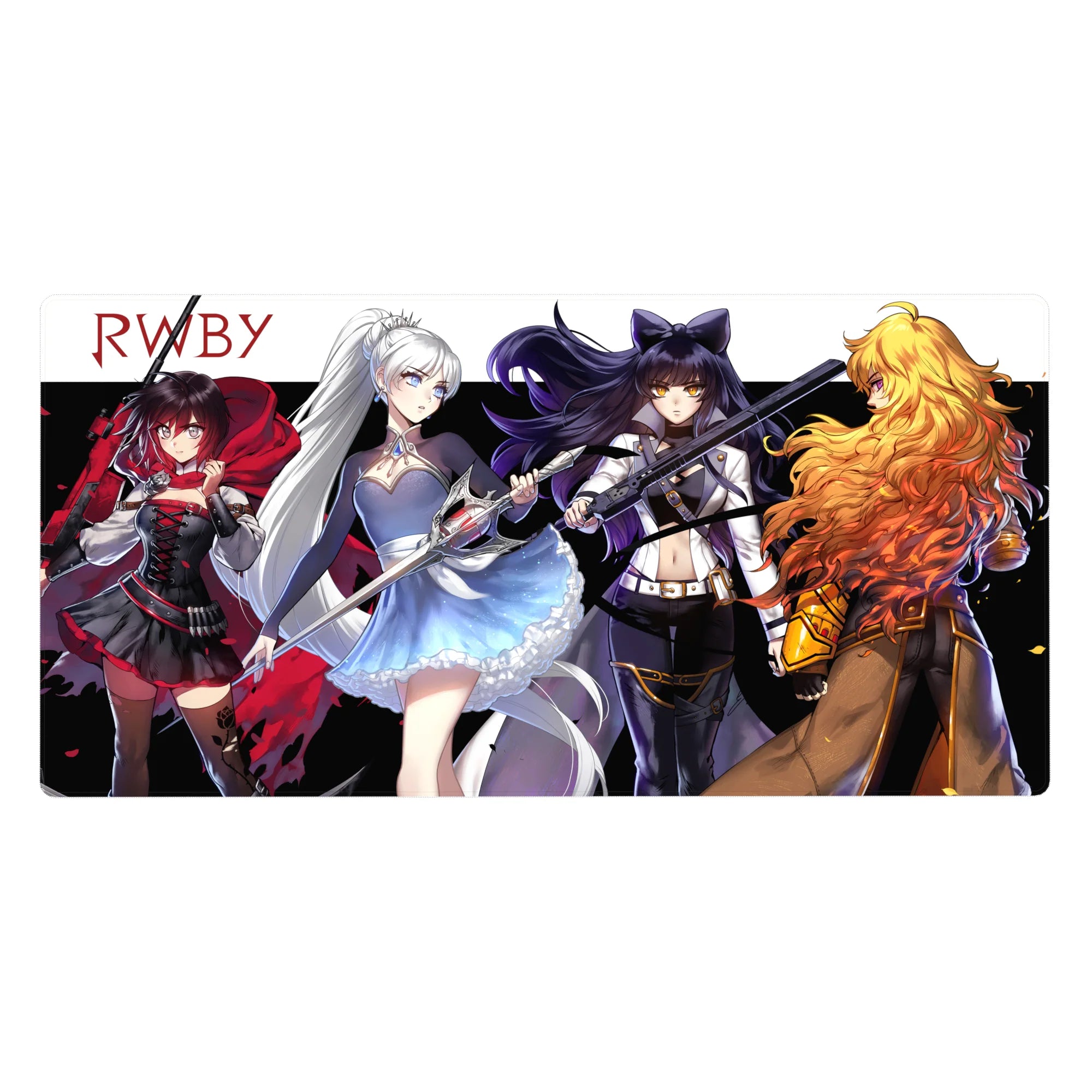 RWBY team lineup anime girl desk pad, weapons forward on white backdrop, 40x20 inches.