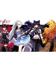 RWBY team lineup anime girl desk pad, weapons forward on white backdrop, 40x20 inches.