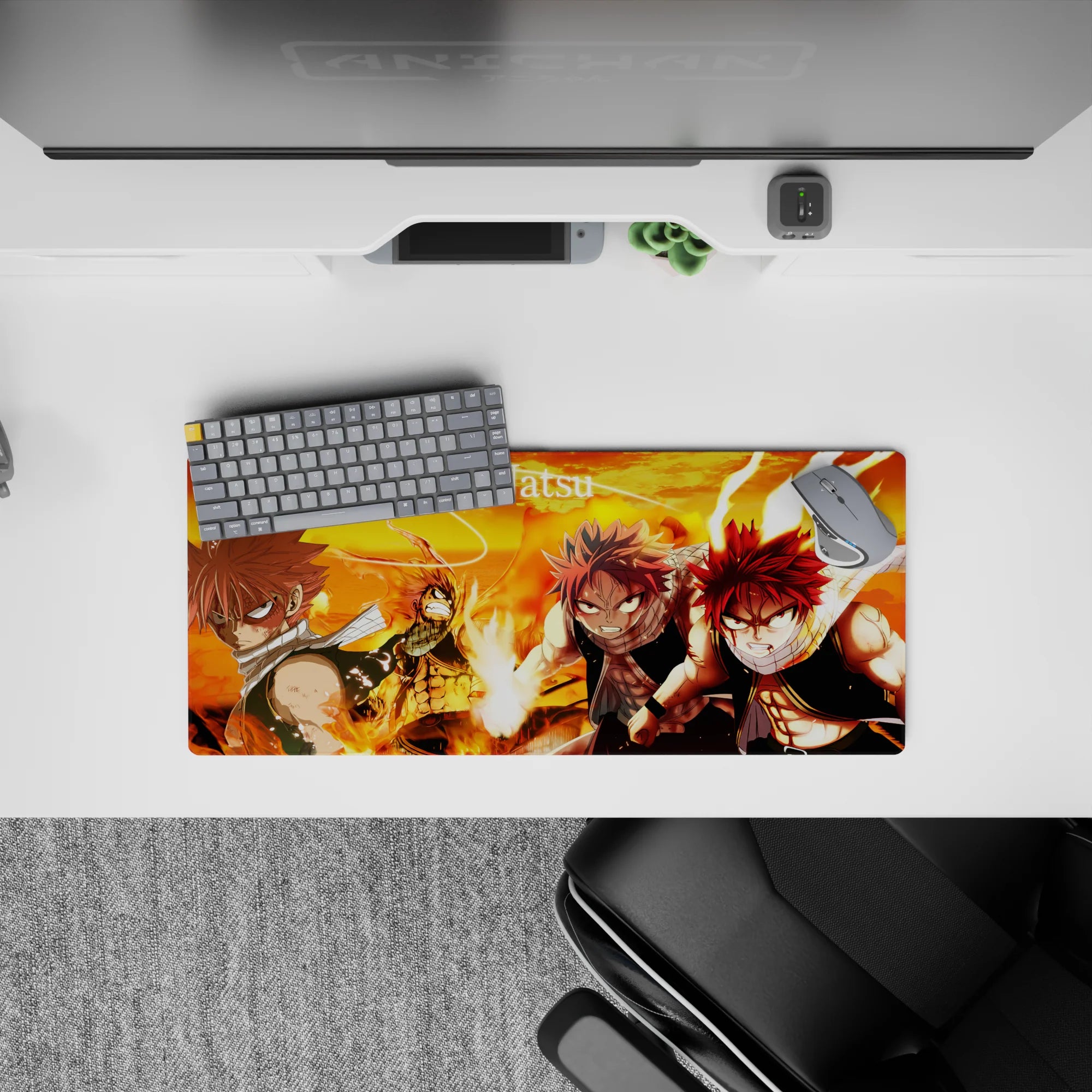 28x12 inches anime mouse pad in orange skies and roaring fire, ember glow, high-contrast shadows, fierce mood.