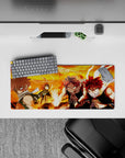 28x12 inches anime mouse pad in orange skies and roaring fire, ember glow, high-contrast shadows, fierce mood.