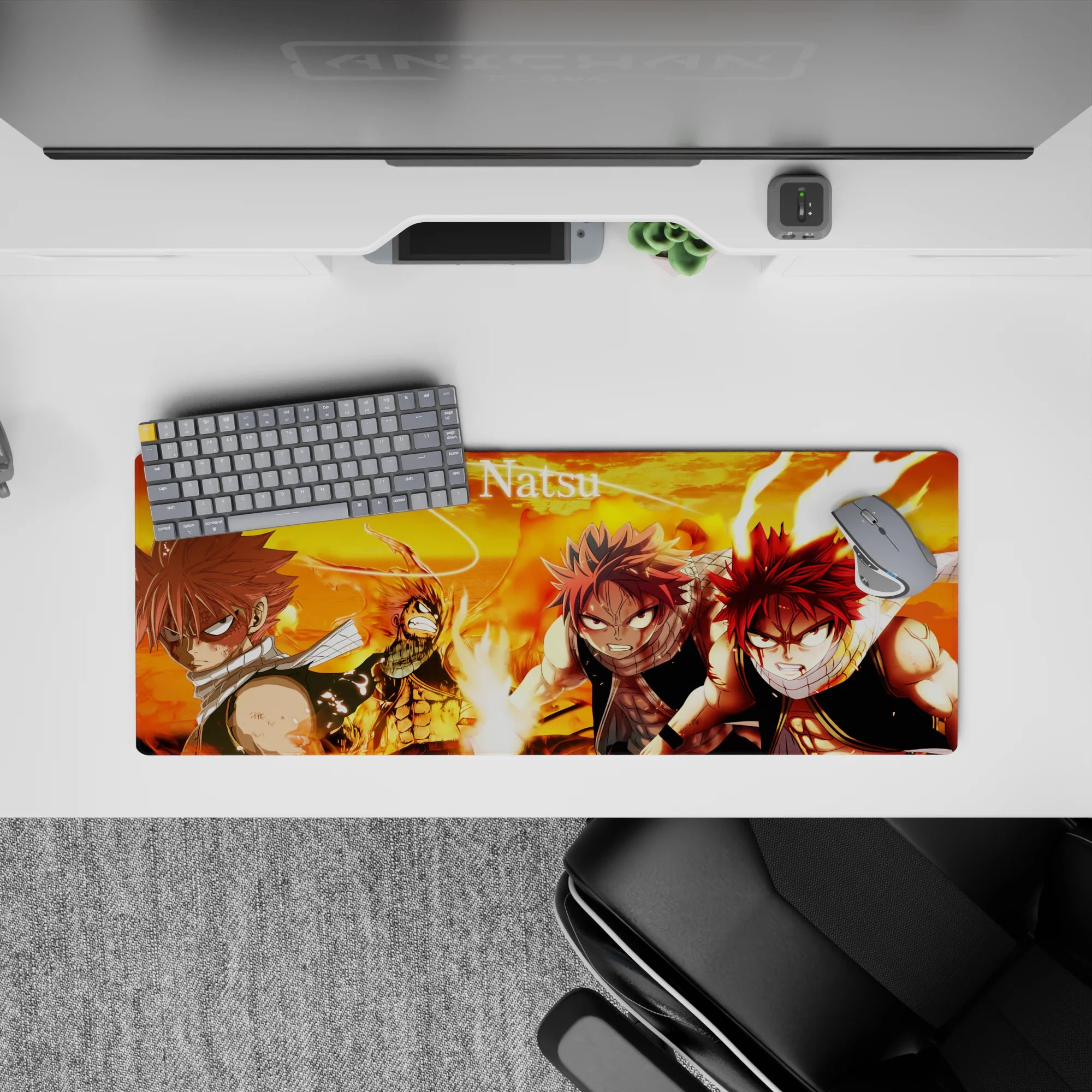 32x12 inches anime mouse pad with fiery orange palette, rolling flames, sharp shadows, and intense energy.