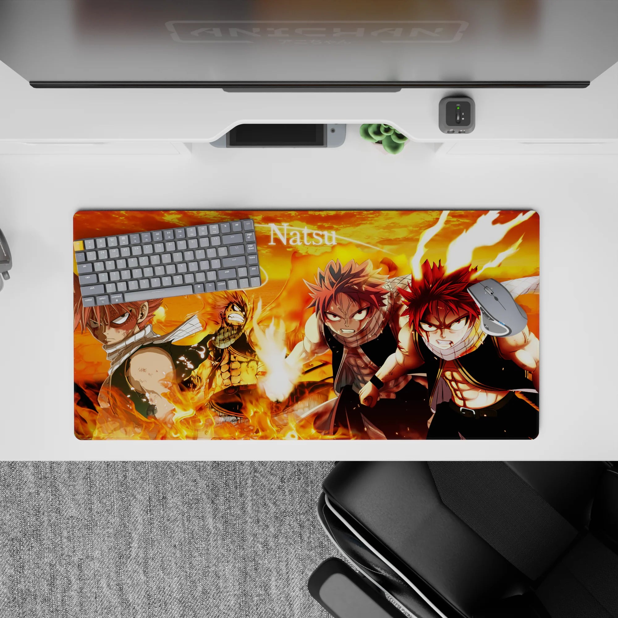 32x16 inches anime mouse pad in fiery orange skies and glowing embers, intense heat and sharp shadow contrast.
