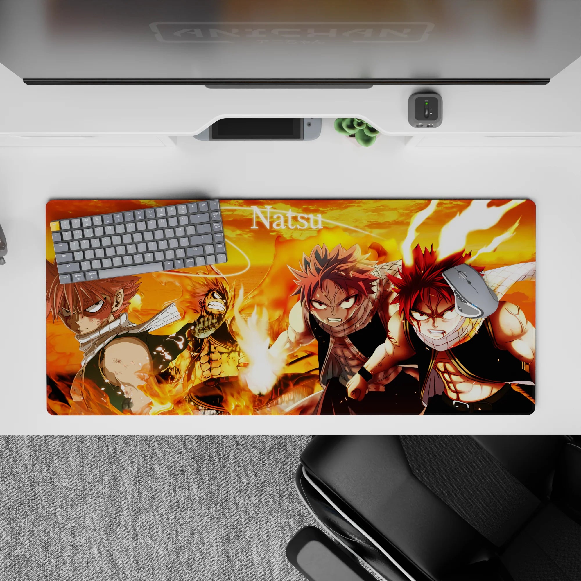 Fiery orange-and-black anime desk pad 36x16 inches, ember glow, sharp shadows, intense battle vibe.
