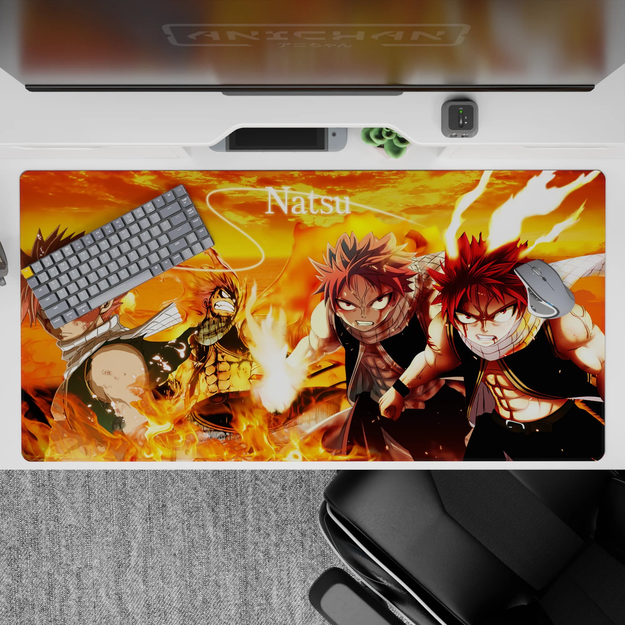 Fiery orange sky and glowing embers anime desk pad 40x20 inches, intense heat vibe and sharp shadows.