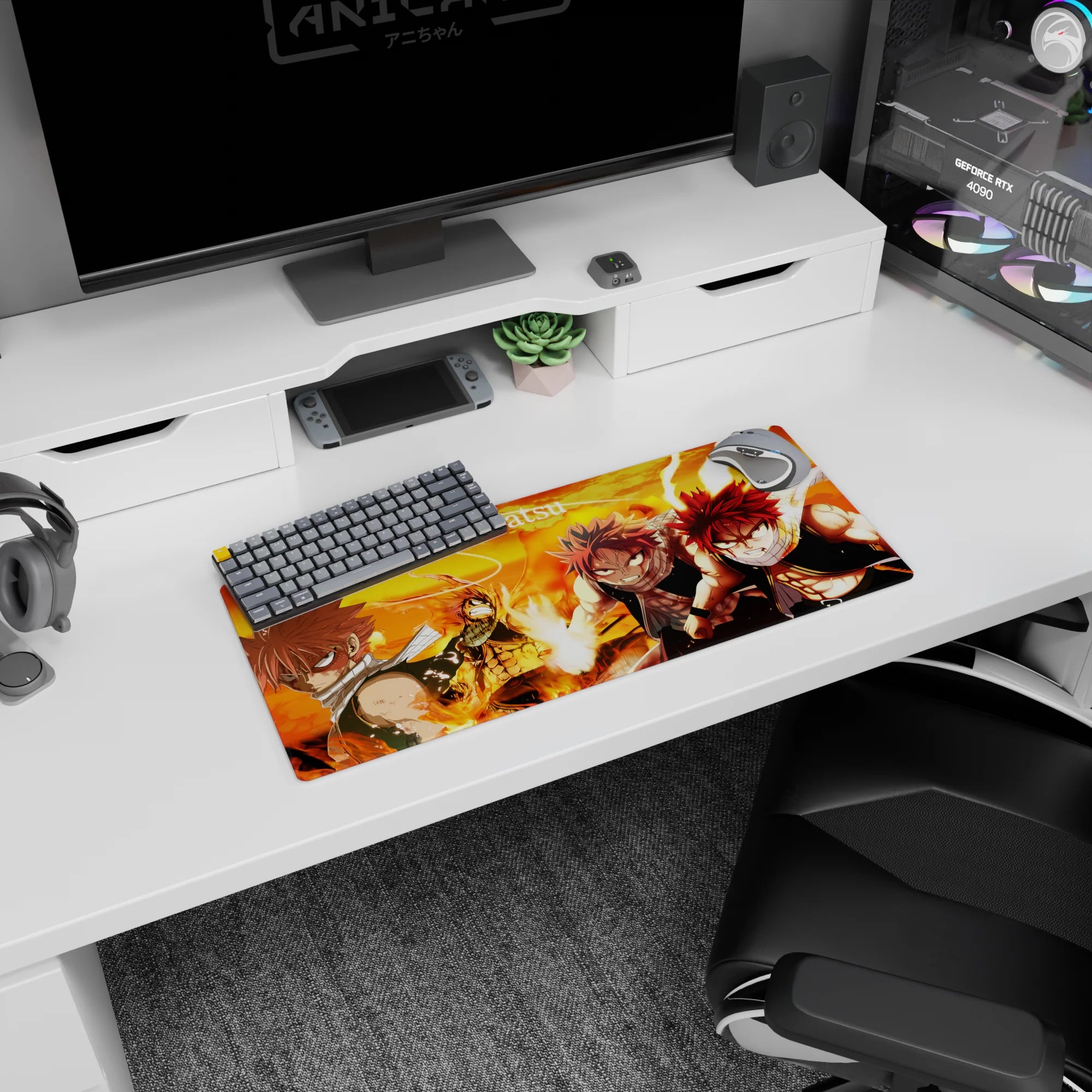 28x12 inches Fairy Tail Natsu Dragneel mouse pad, fists raised and scarf flying amid rolling flames.