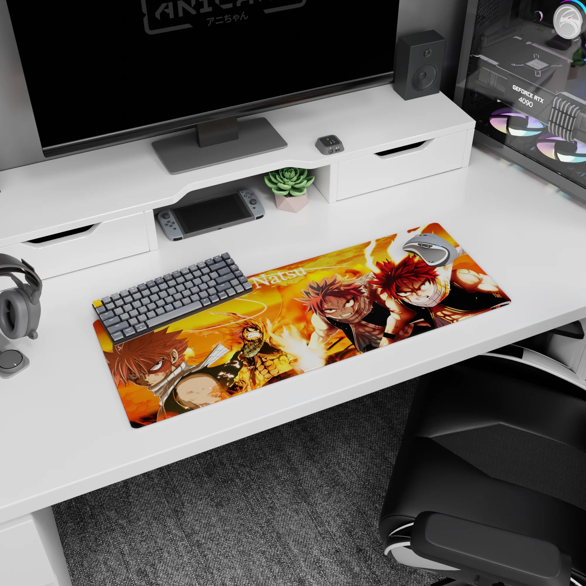 32x12 inches Fairy Tail Natsu Dragneel mouse pad, scarf fluttering as he readies flaming fists.