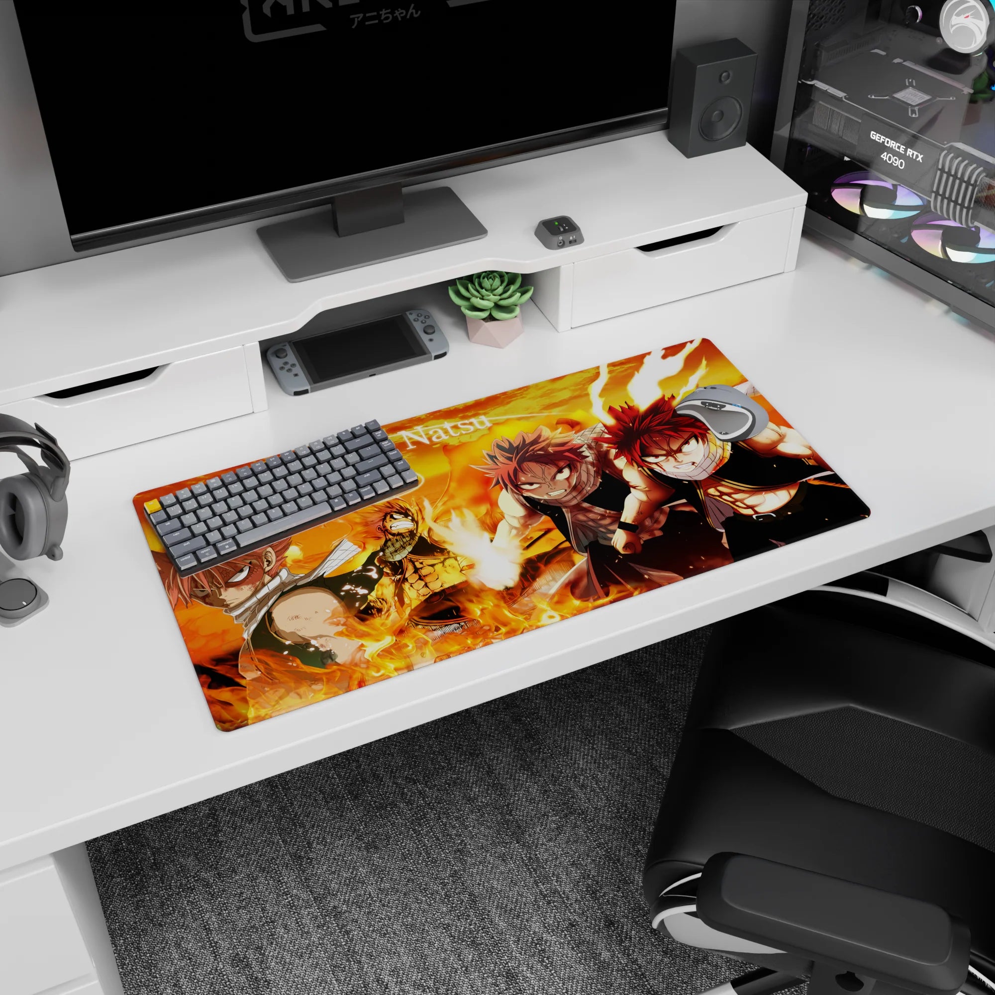 32x16 inches Fairy Tail mouse pad featuring Natsu Dragneel ready to fight, fists up amid rolling flames.