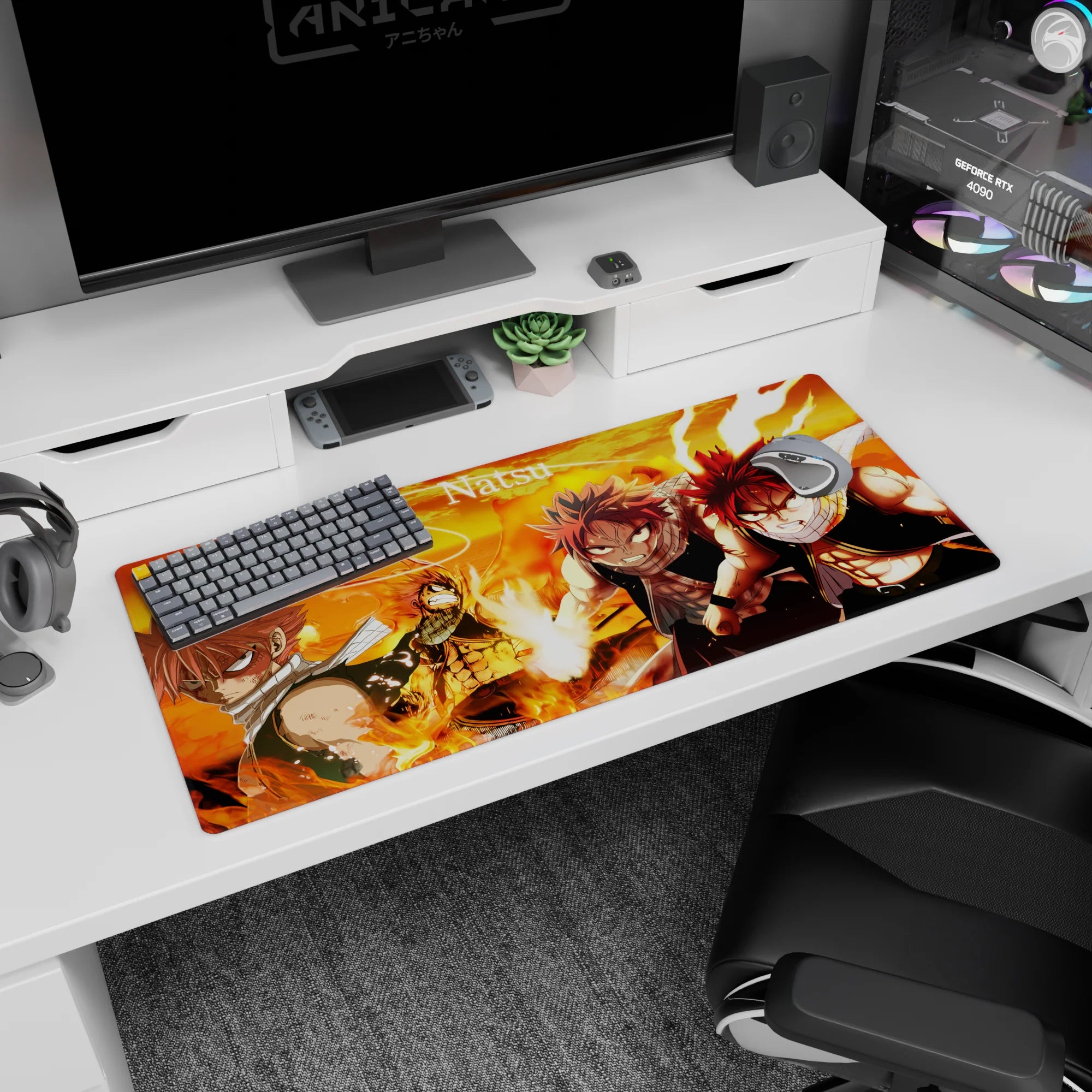 Natsu Dragneel scarf fluttering, fists raised in flame-filled scene on 36x16 inches anime desk pad.