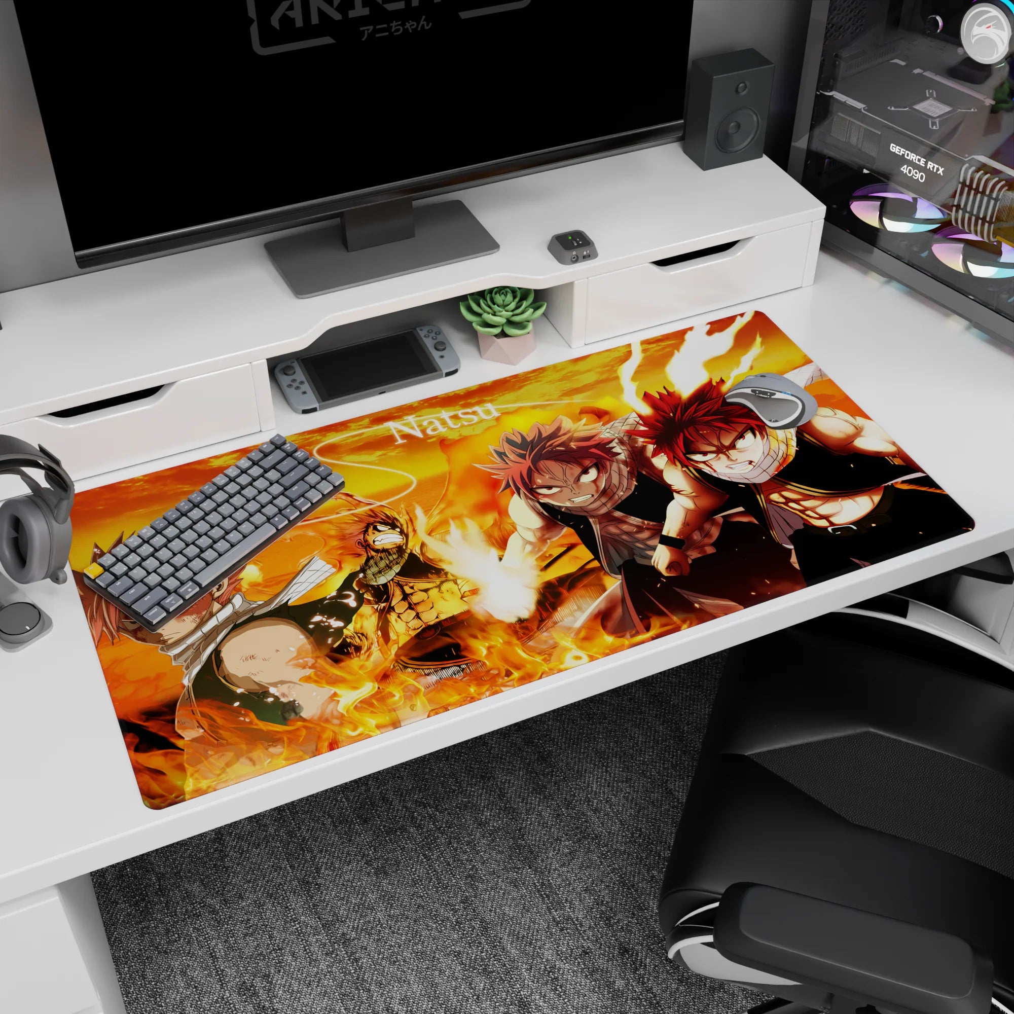 Natsu Dragneel battle-ready with fluttering scarf and clenched fists anime desk pad 40x20 inches.