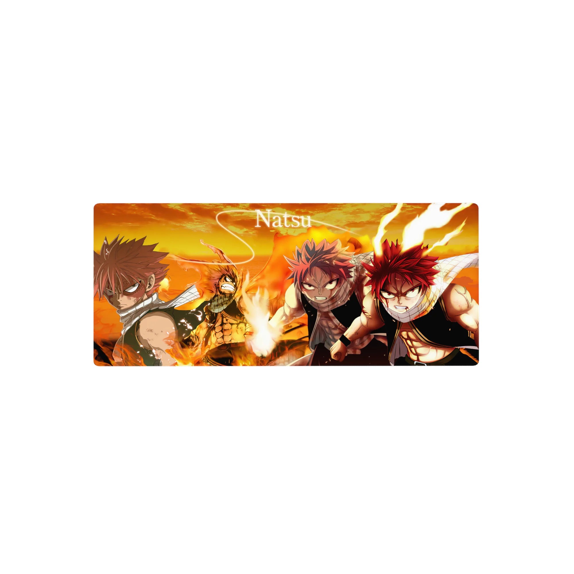 28x12 inches anime mouse pad with four action poses, fluttering scarf, flames, and sharp cel-shaded detail.