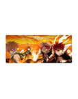 28x12 inches anime mouse pad with four action poses, fluttering scarf, flames, and sharp cel-shaded detail.