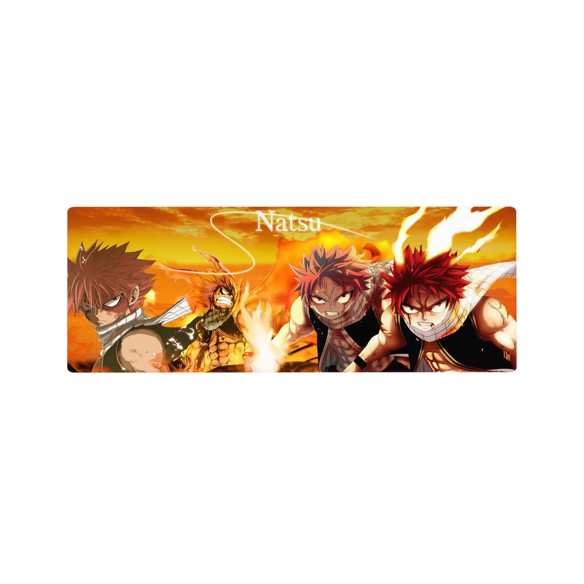 32x12 inches anime mouse pad featuring four action poses with flames, orange skies, and ember glow.