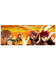 32x12 inches anime mouse pad featuring four action poses with flames, orange skies, and ember glow.