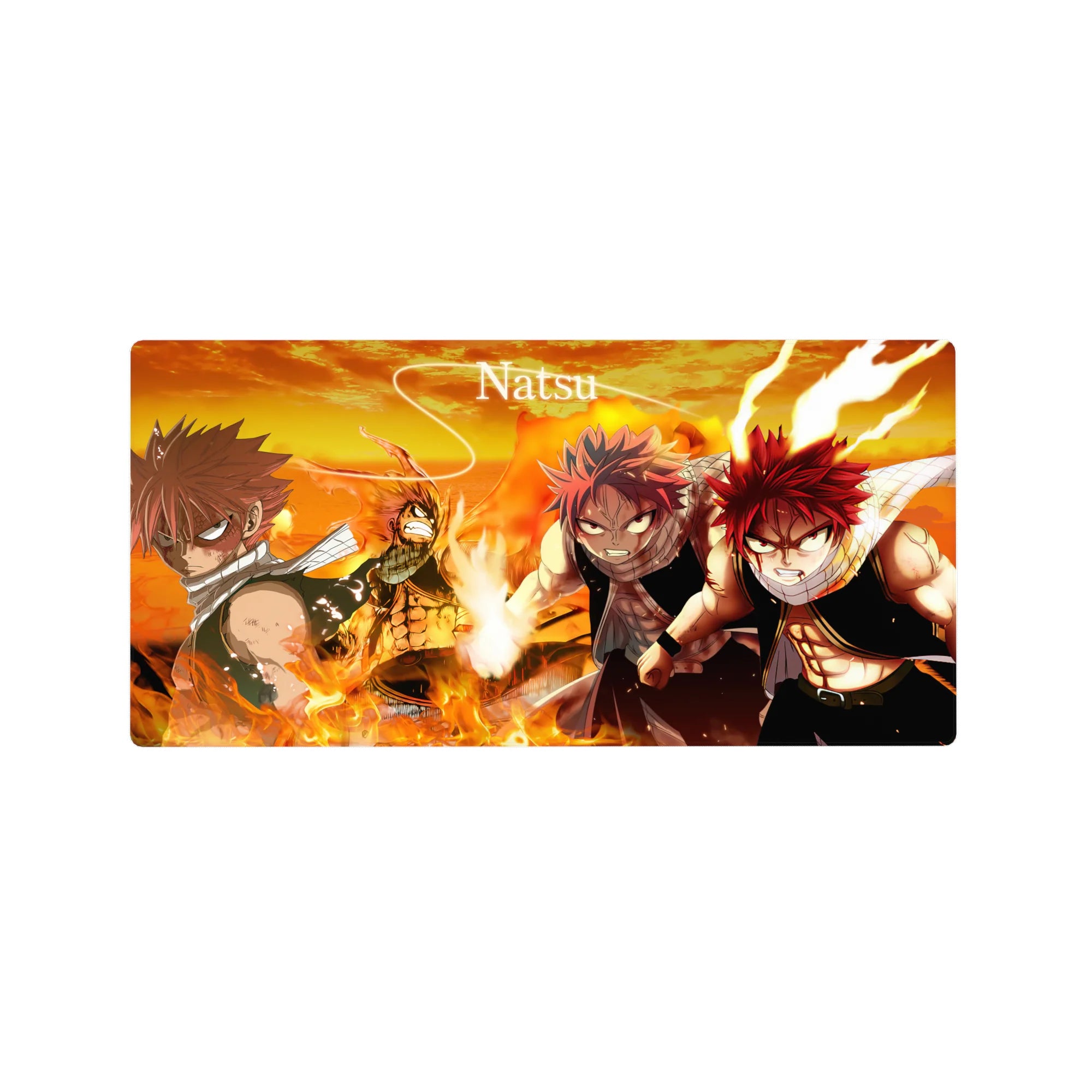 32x16 inches anime mouse pad with four action poses, fluttering scarf, flames, and bold desk-wide layout.