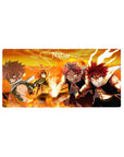 32x16 inches anime mouse pad with four action poses, fluttering scarf, flames, and bold desk-wide layout.