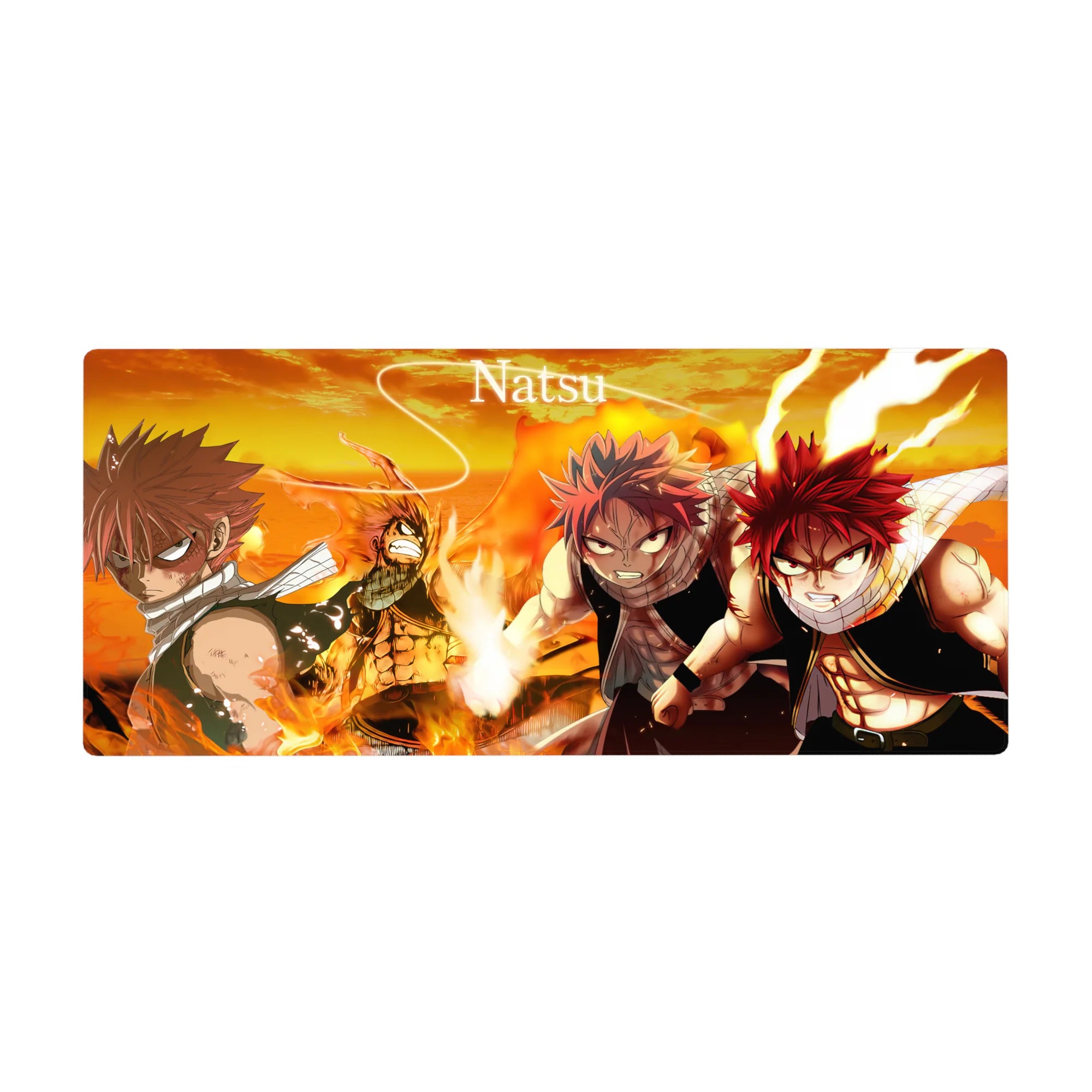 Fairy Tail anime desk pad 36x16 inches with Natsu in four action poses, flames and orange sky backdrop.