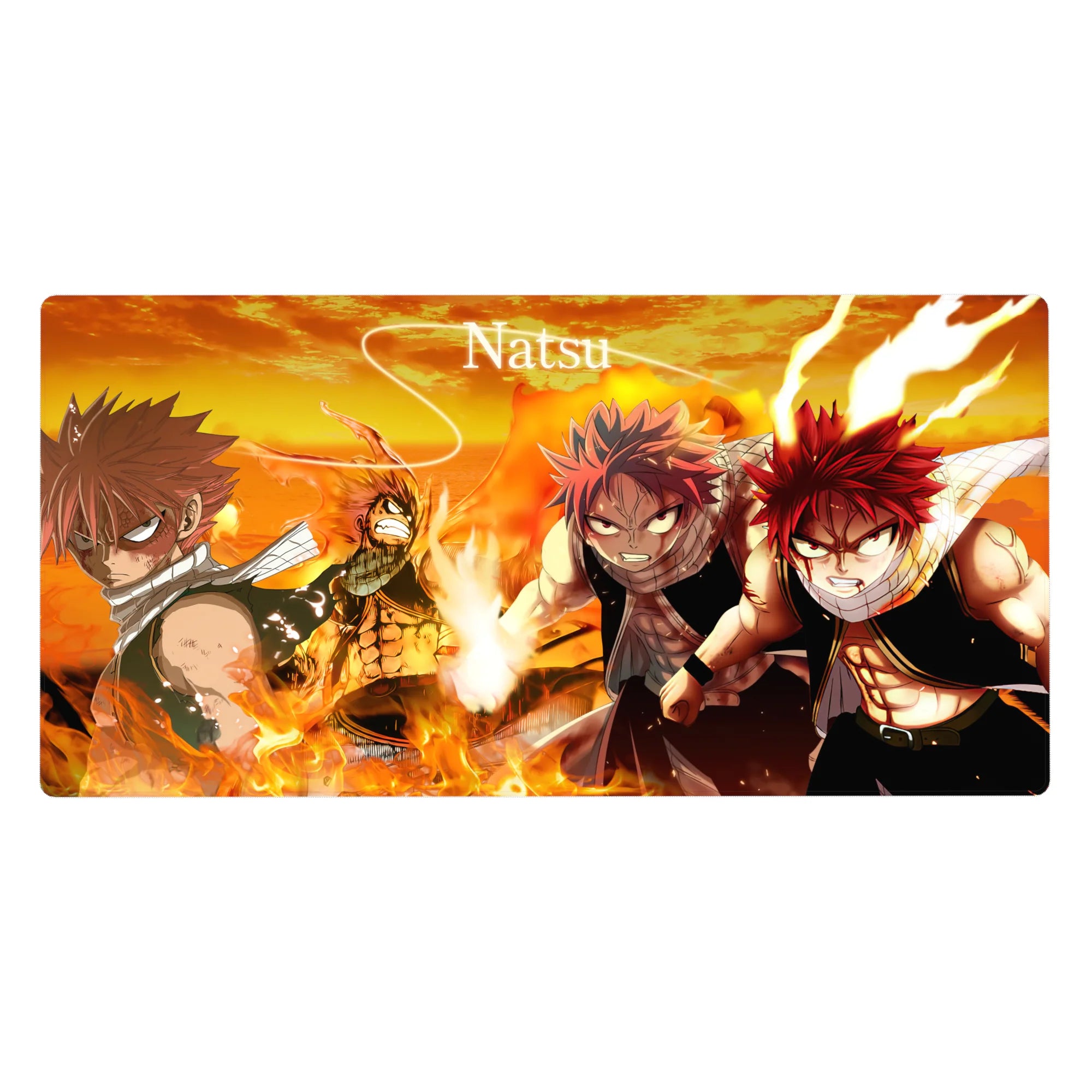 Fairy Tail anime desk pad 40x20 inches with Natsu in four action poses, flames, scarf, and bold layout.