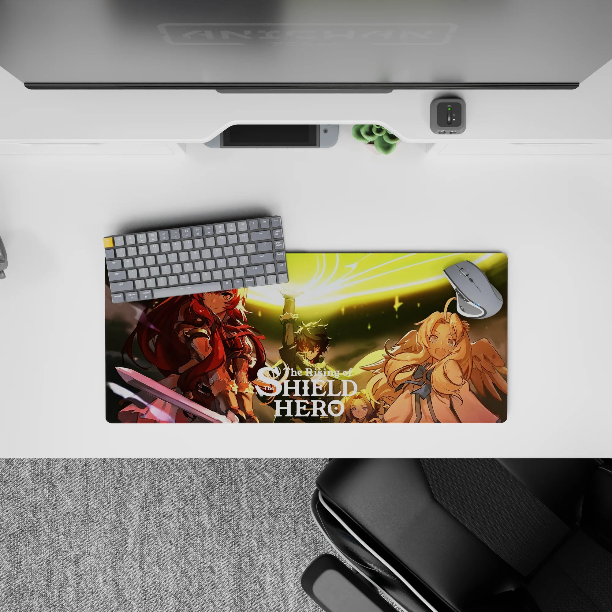 Warm gold glow anime mouse pad 28x12 inches, sharp contrast highlights, radiant sky spell circle.