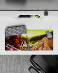 Warm gold glow anime mouse pad 28x12 inches, sharp contrast highlights, radiant sky spell circle.