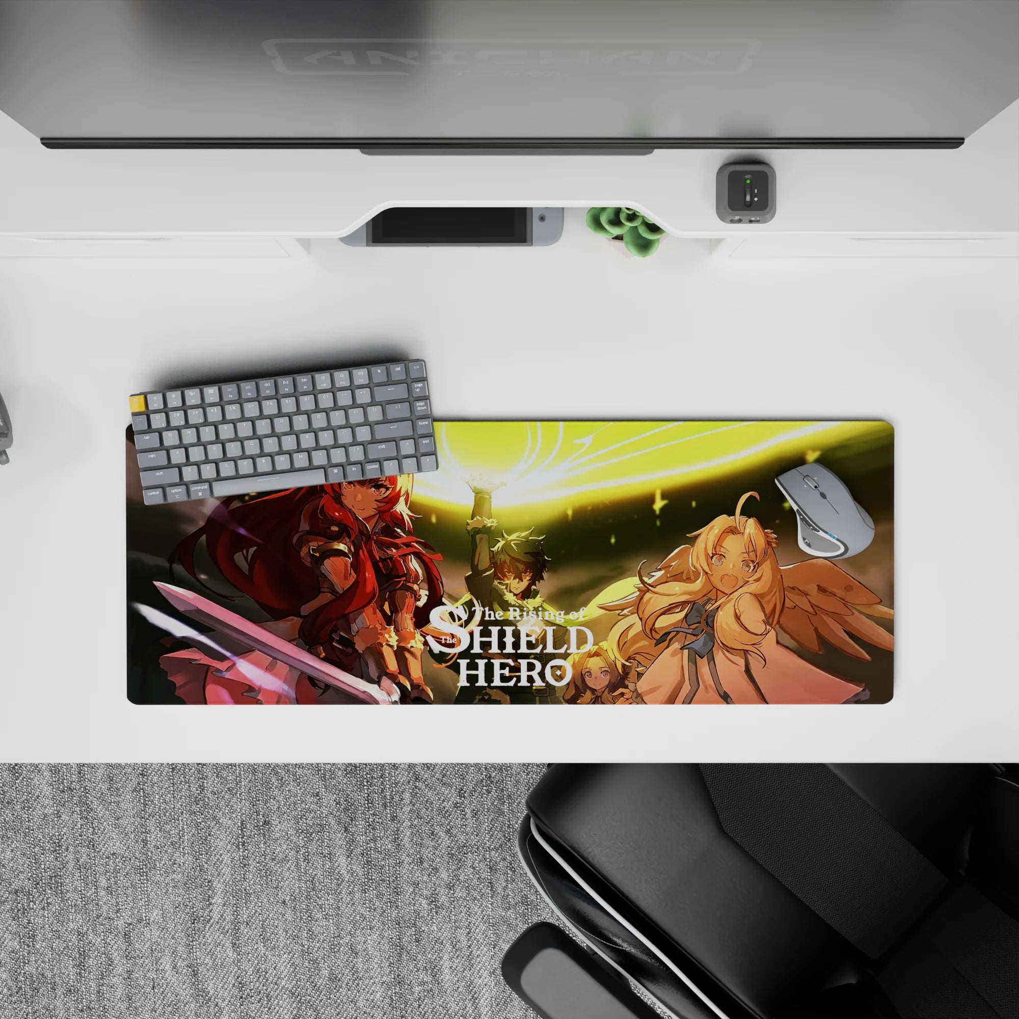 Gold spell circle sky glow on anime mouse pad 32x12 inches, warm light, sharp contrast, vivid art.
