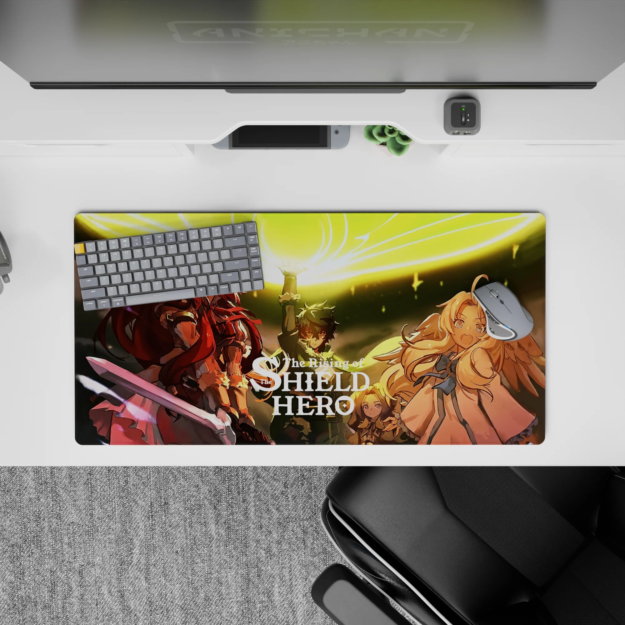 Gold spell circle glow anime mouse pad 32x16 inches, warm highlights, sharp contrast, vivid desk scene.