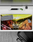 Gold spell circle glow anime mouse pad 32x16 inches, warm highlights, sharp contrast, vivid desk scene.