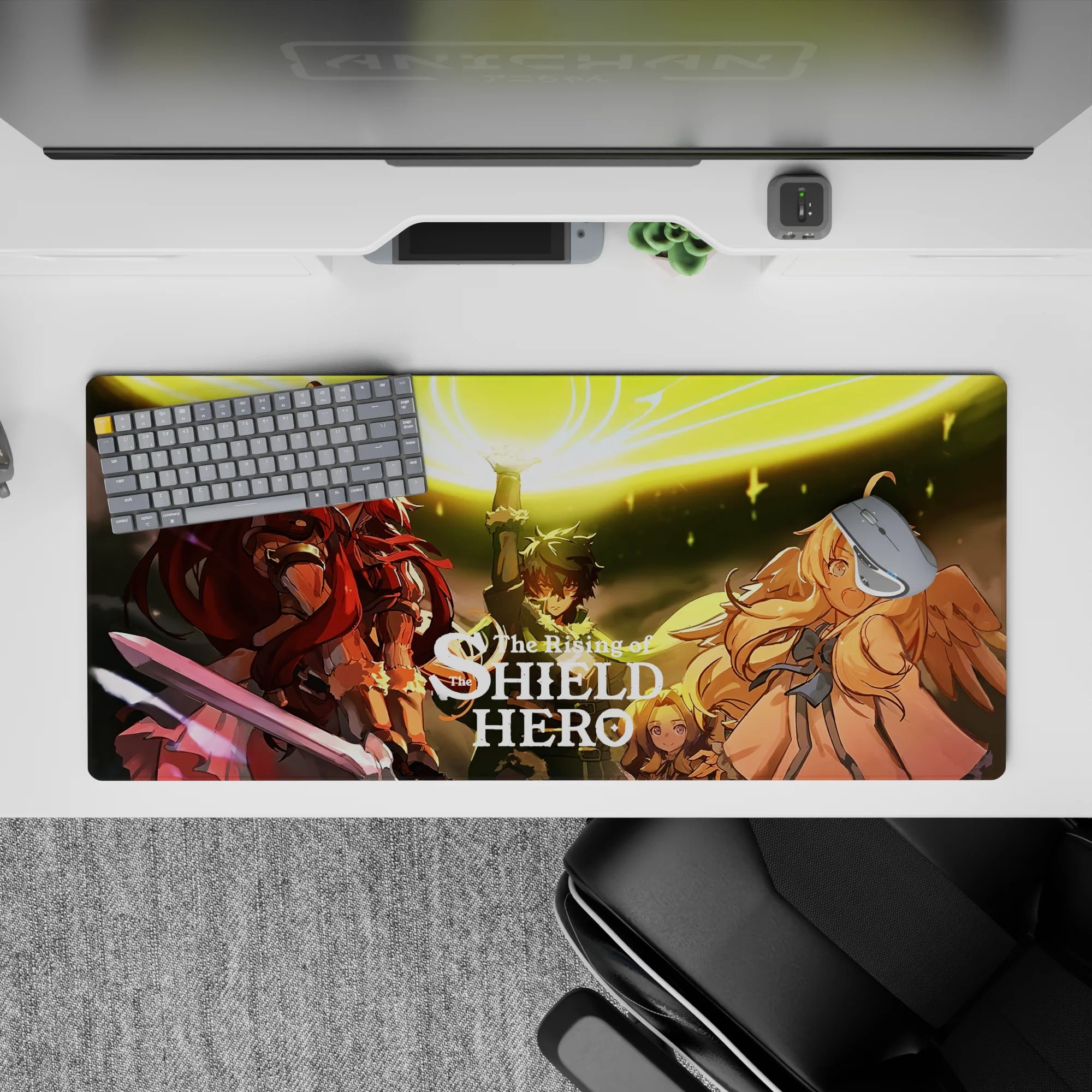 36x16 inches anime desk pad in radiant gold glow, warm light, sharp contrast, vivid highlights.
