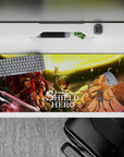 36x16 inches anime desk pad in radiant gold glow, warm light, sharp contrast, vivid highlights.