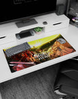 Naofumi raising his arm with Raphtalia in armor, blade ready, anime mouse pad 32x16 inches.