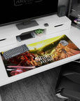 36x16 inches desk pad featuring Raphtalia armored with blade and Naofumi under a golden spell circle.
