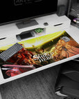 Naofumi raises shield arm with Raphtalia in armor and Filo behind, anime desk pad 40x20 inches.