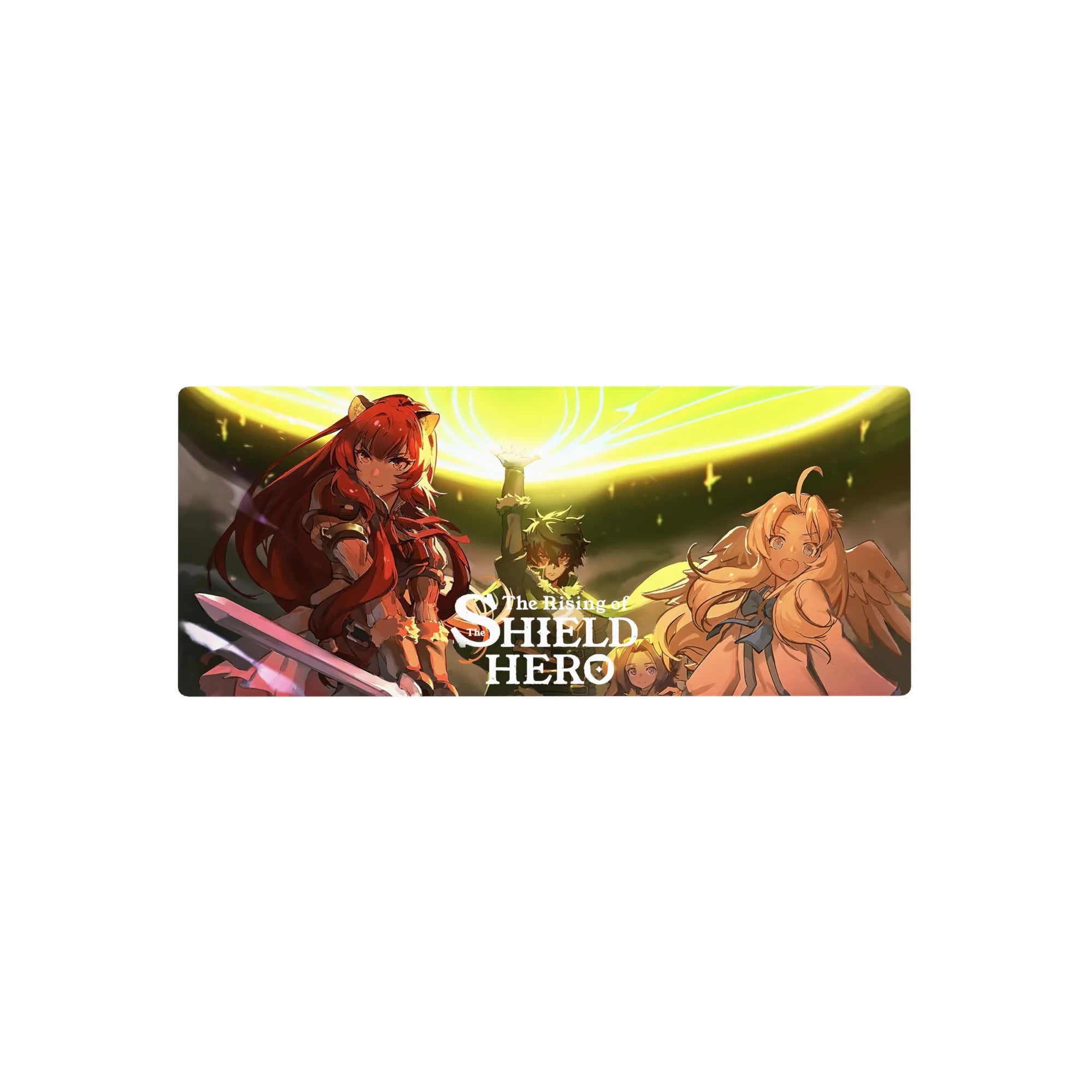 Rising of the Shield Hero anime mouse pad 28x12 inches with gold spell circle and trio lineup.
