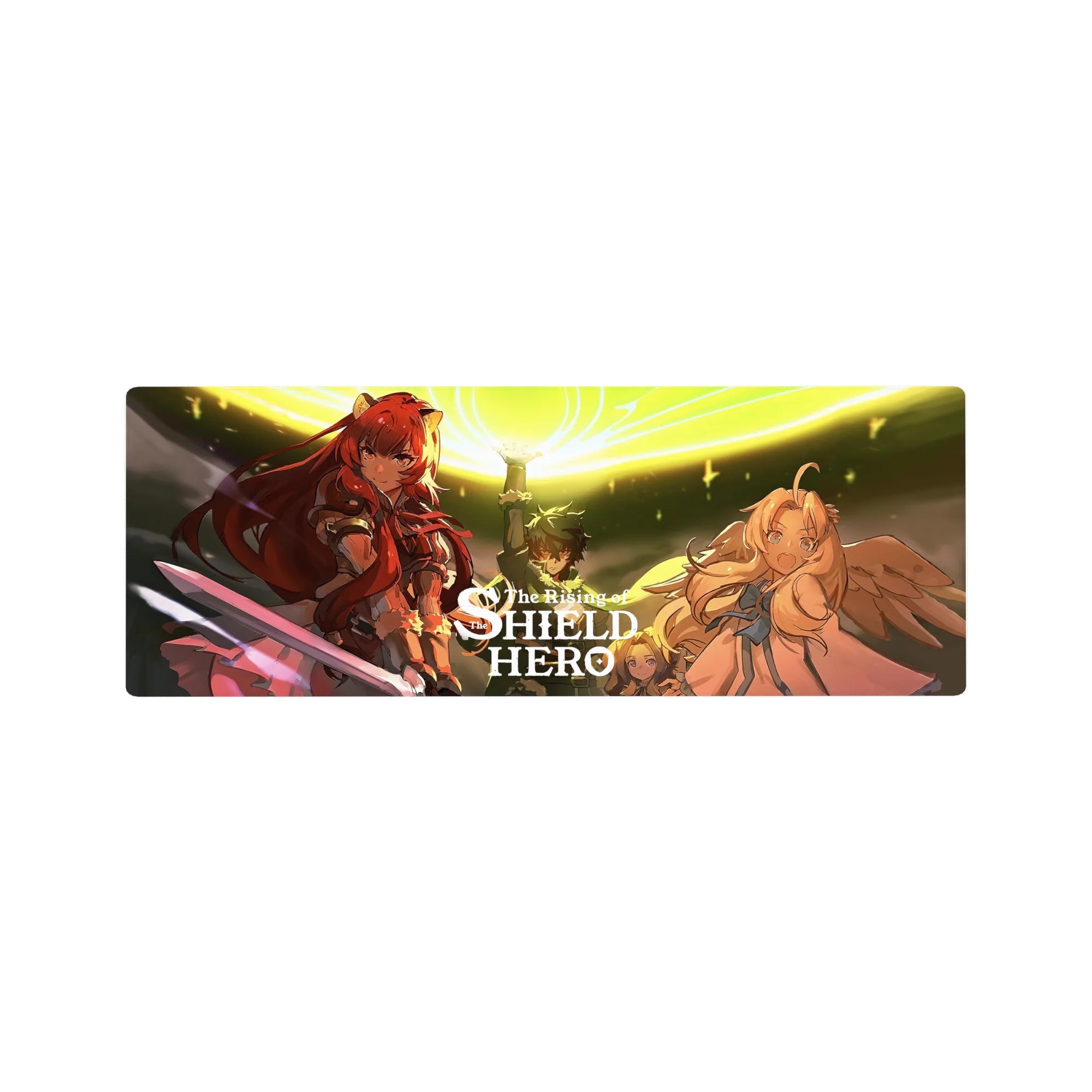 The Rising of the Shield Hero anime mouse pad 32x12 inches with Raphtalia, Naofumi, and Filo.