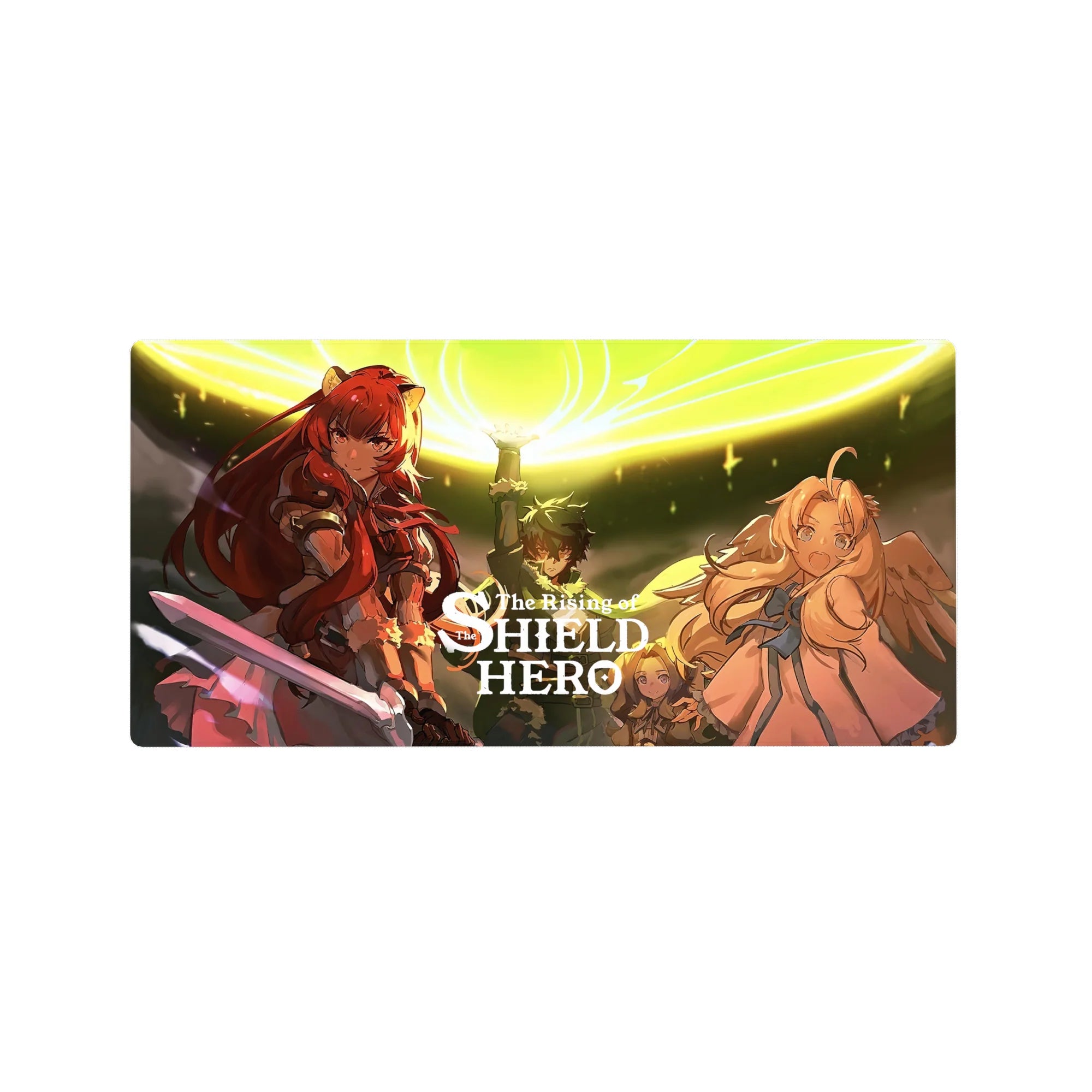 Rising of the Shield Hero anime mouse pad 32x16 inches with Raphtalia, Naofumi, and Filo under a spell circle.