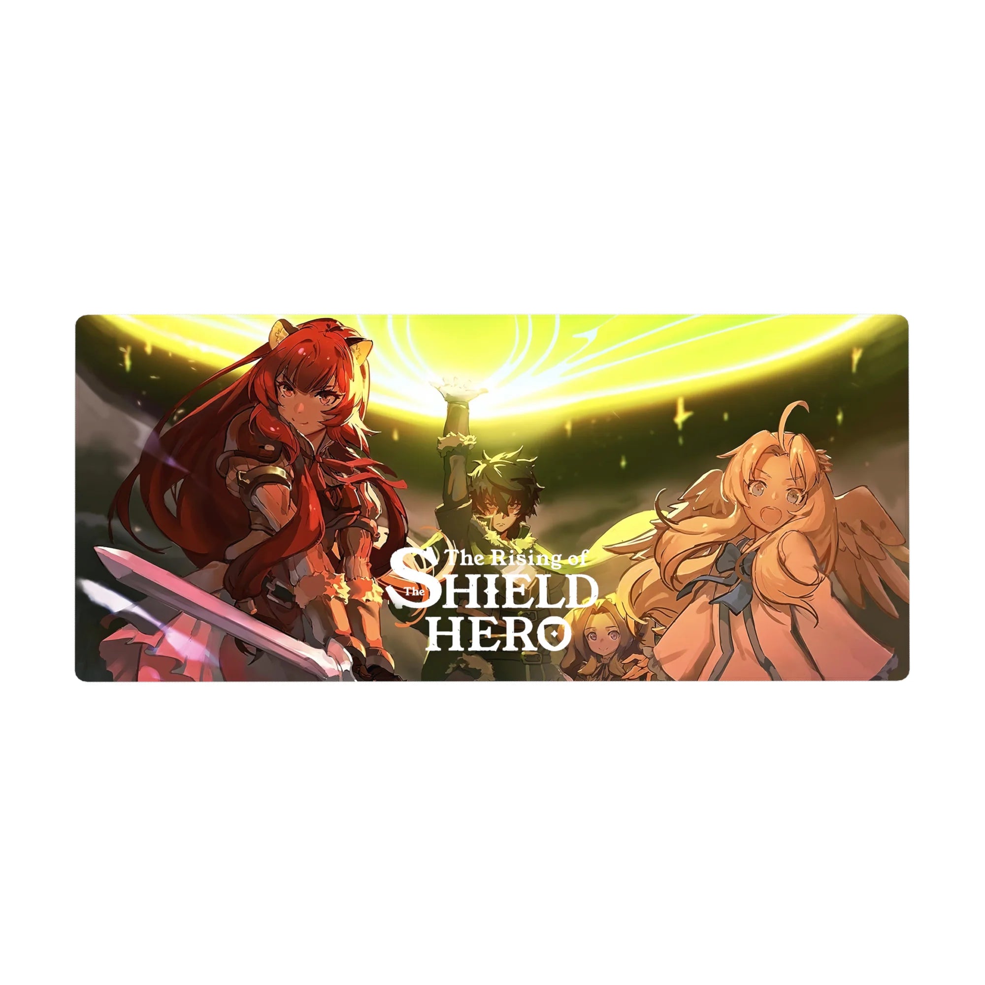 The Rising of the Shield Hero anime desk pad 36x16 inches with gold spell circle and trio scene.