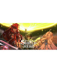The Rising of the Shield Hero anime desk pad 36x16 inches with gold spell circle and trio scene.
