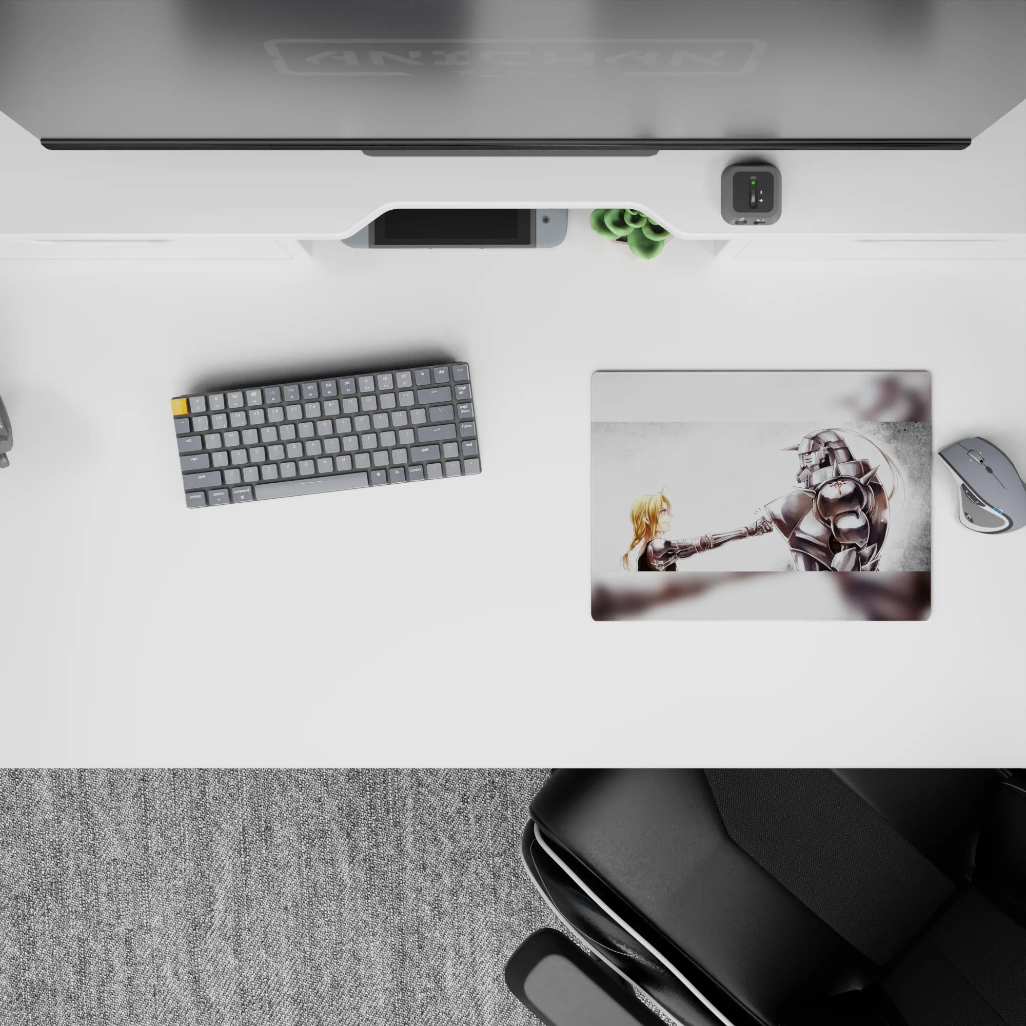 Soft white and misty gray anime mouse pad 14x10 inches with polished silver armor and a small red emblem.