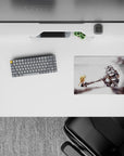Soft white and misty gray anime mouse pad 14x10 inches with polished silver armor and a small red emblem.