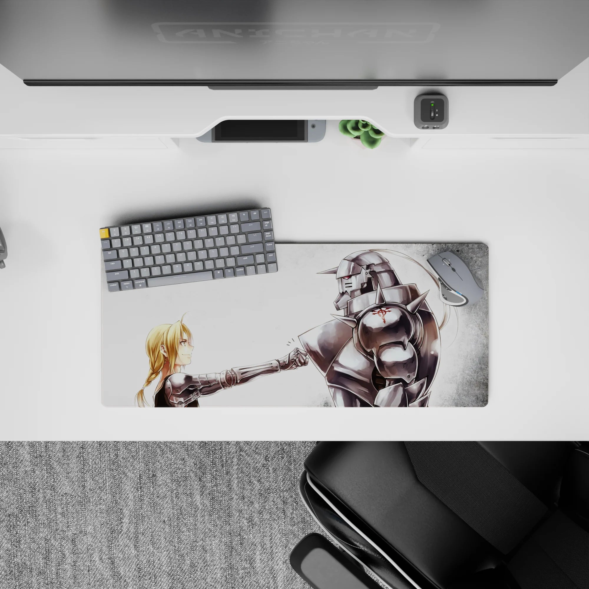 28x12 inches anime mouse pad in soft whites and misty grays, airy calm with polished silver shine.