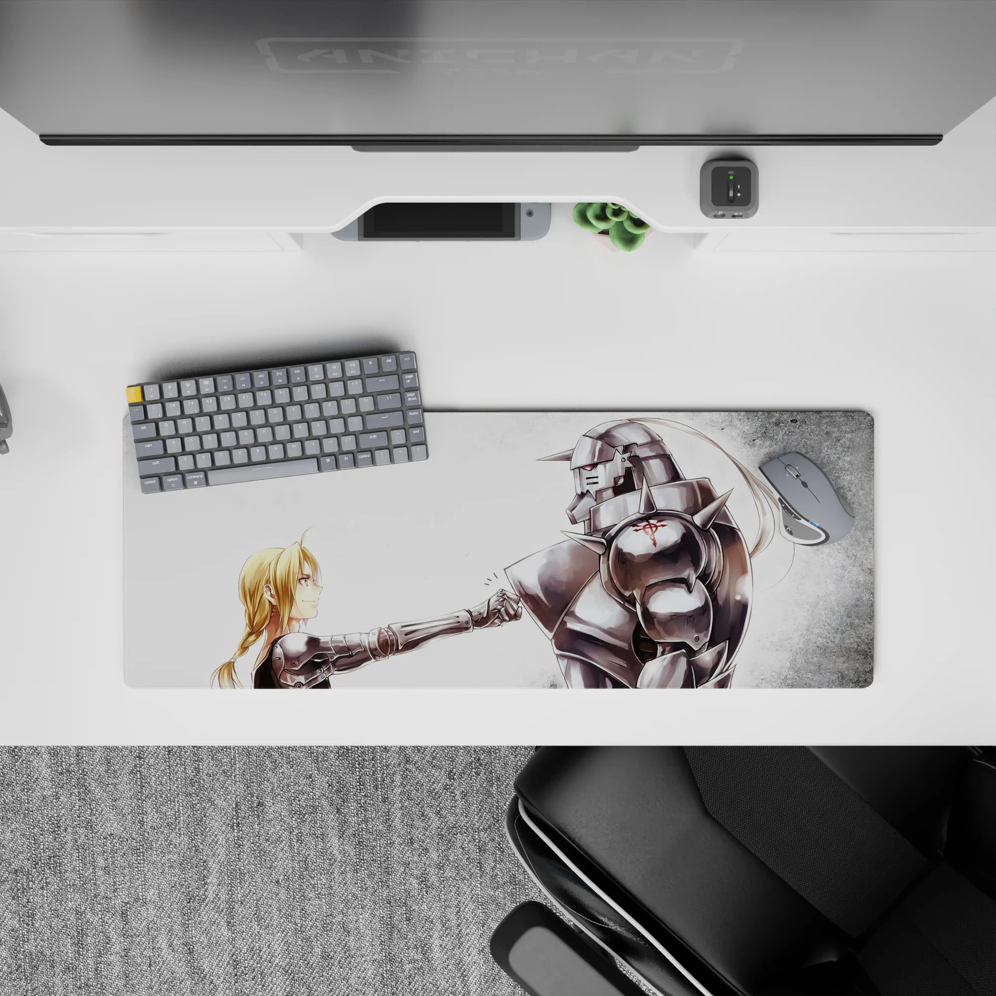 32x12 inches anime mouse pad in soft whites and misty grays, crisp print with a small red symbol accent.