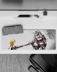32x12 inches anime mouse pad in soft whites and misty grays, crisp print with a small red symbol accent.