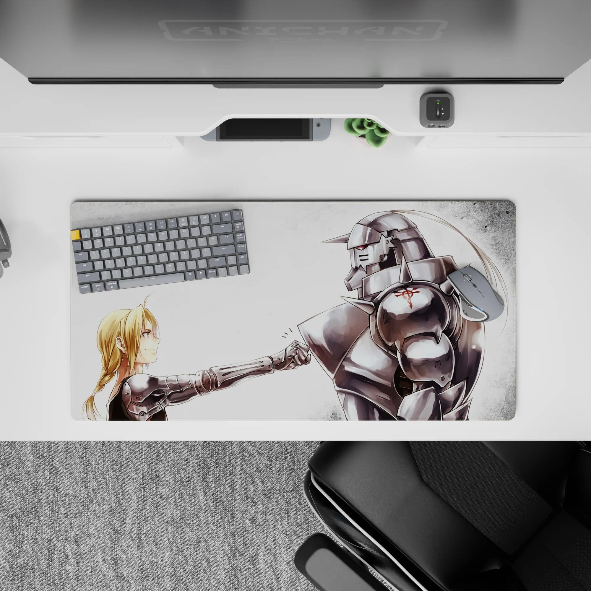 32x16 inches anime mouse pad in soft whites and misty grays, polished silver shine, red emblem accent, calm mood.