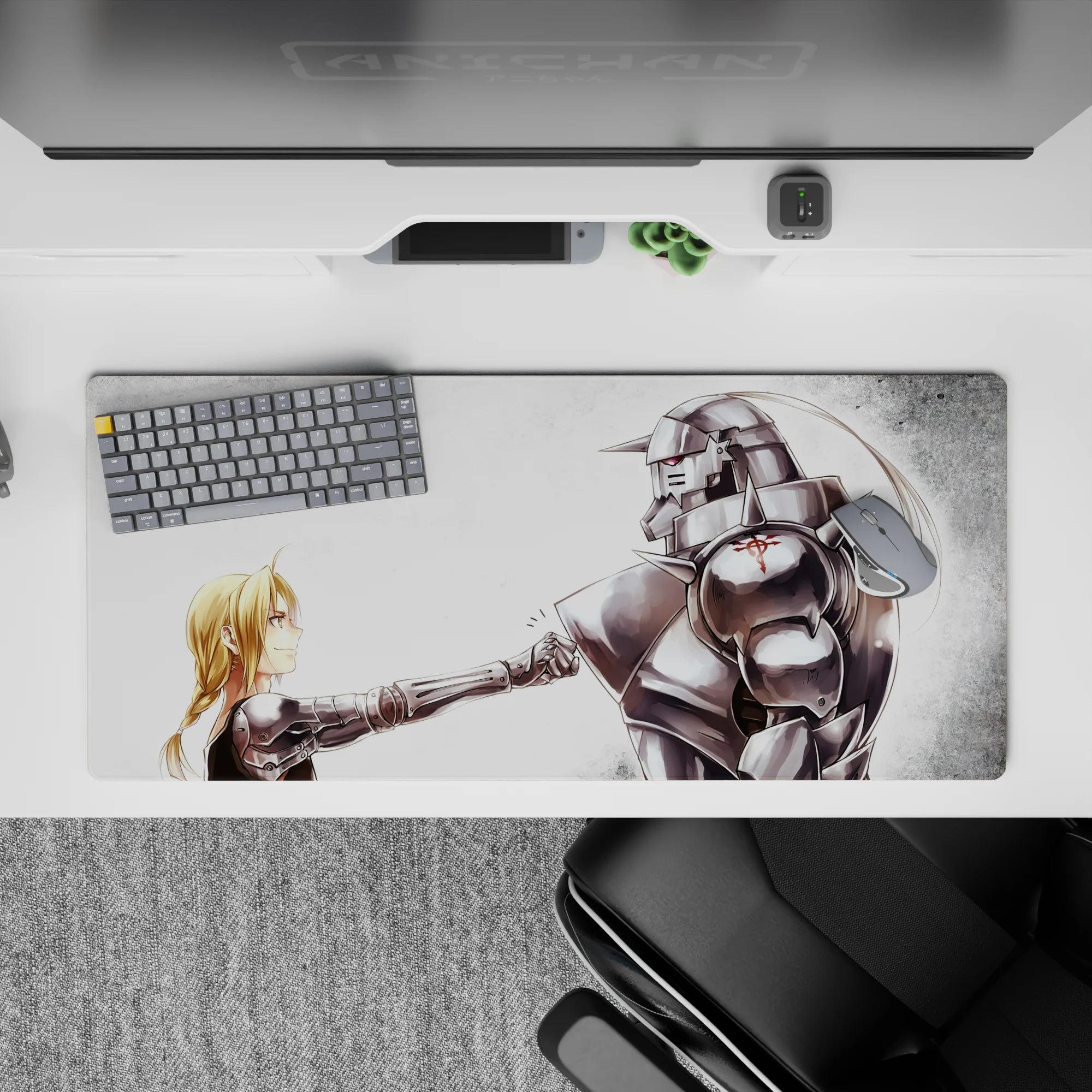 36x16 inches anime desk pad in soft whites and misty grays, airy calm mood with crisp silver details.