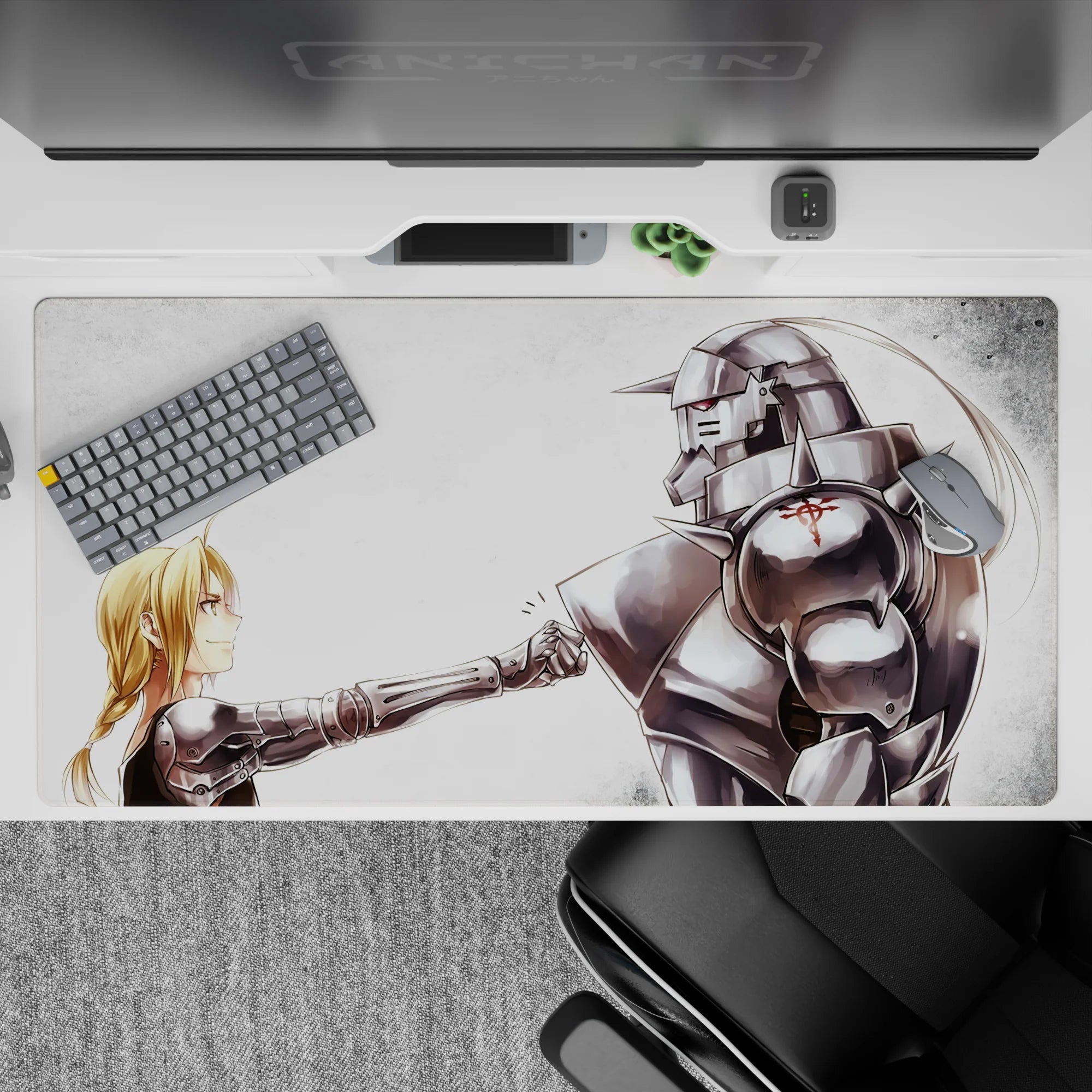 Soft white and misty gray anime desk pad 40x20 inches with silver armor shine and red emblem.