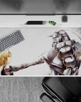 Soft white and misty gray anime desk pad 40x20 inches with silver armor shine and red emblem.