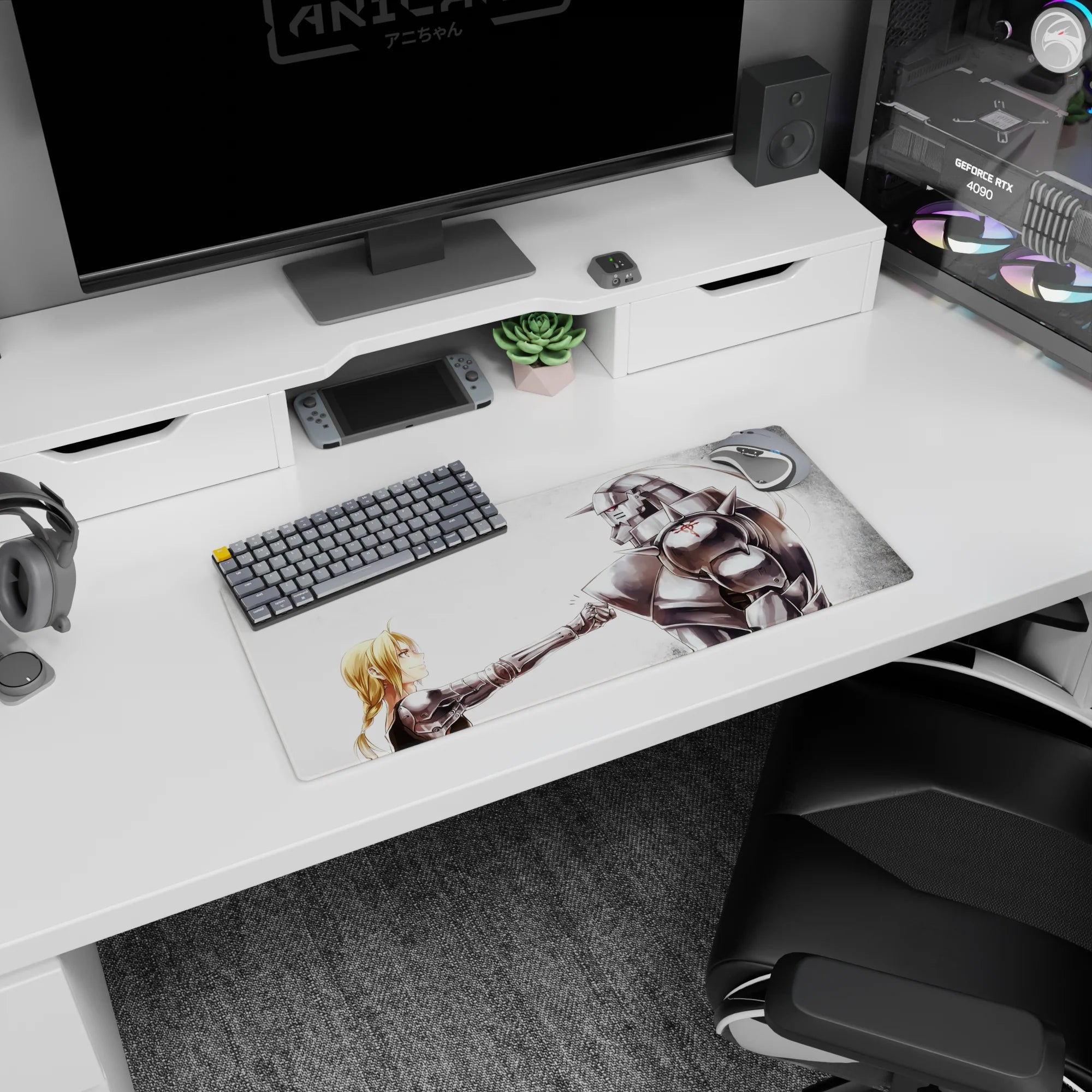 28x12 inches anime mouse pad showing blond alchemist's metal arm tapping knuckles with a towering suit.