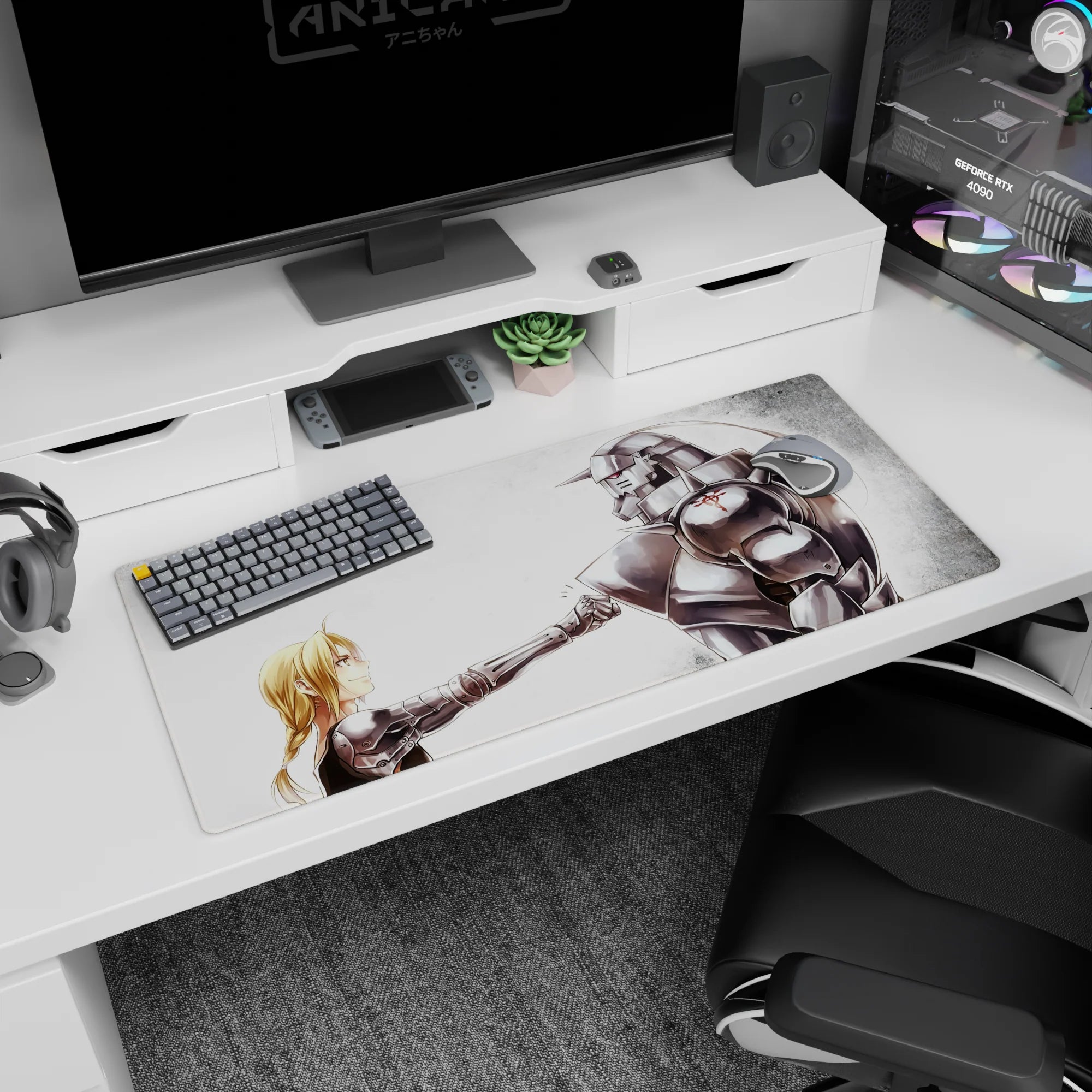 36x16 inches anime desk pad showing a blond alchemist girl tapping knuckles with a towering suit of armor.