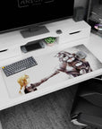 36x16 inches anime desk pad showing a blond alchemist girl tapping knuckles with a towering suit of armor.